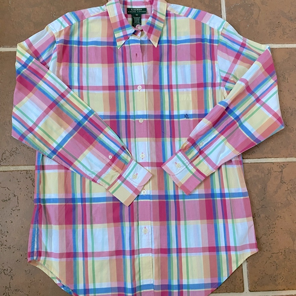 Lauren Ralph Lauren Yellow and Pink Button Down Shirt size 10 100% cotton